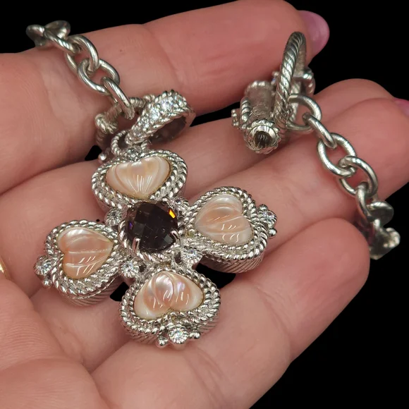 Judith Ripka 925 SS Pink Quartz Smokey Quartz CZ Maltese Cross Pendant/ Necklace - Picture 9 of 10